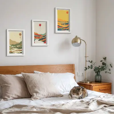 Fotowand mit farbenfrohen Berg- und Flussmotiven im Japandi-Stil