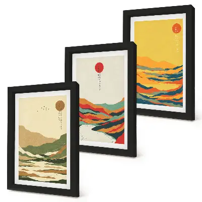 Fotowand mit farbenfrohen Berg- und Flussmotiven im Japandi-Stil