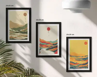 Fotowand mit farbenfrohen Berg- und Flussmotiven im Japandi-Stil
