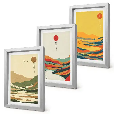 Fotowand mit farbenfrohen Berg- und Flussmotiven im Japandi-Stil