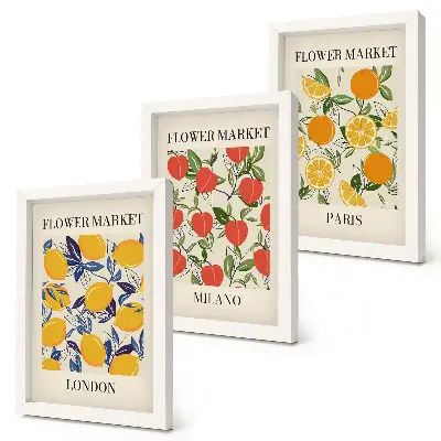 Blumenposter-Set mit Rahmen themenbezogen auf London, Mailand und Paris