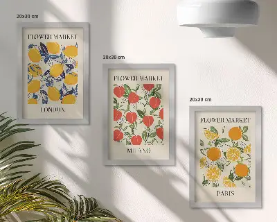 Blumenposter-Set mit Rahmen themenbezogen auf London, Mailand und Paris