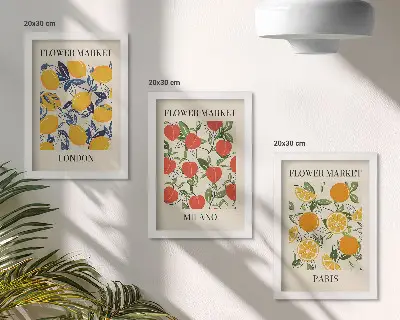 Blumenposter-Set mit Rahmen themenbezogen auf London, Mailand und Paris
