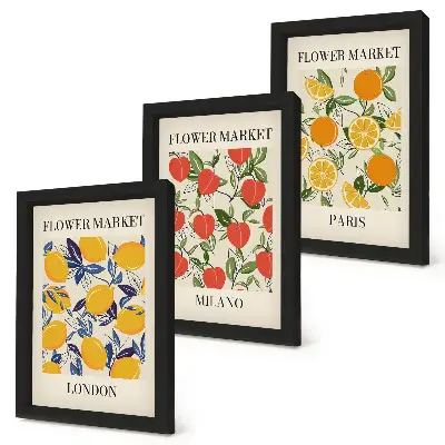 Blumenposter-Set mit Rahmen themenbezogen auf London, Mailand und Paris