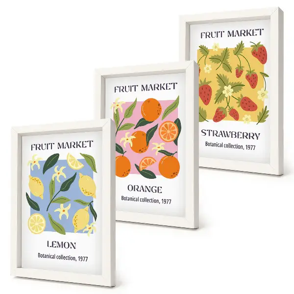 Bilderwand mit Zitronen, Orangen und Erdbeeren als Fruchtposter