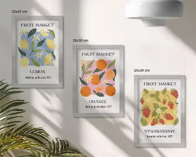 Bilderwand mit Zitronen, Orangen und Erdbeeren als Fruchtposter
