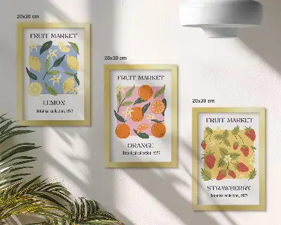 Bilderwand mit Zitronen, Orangen und Erdbeeren als Fruchtposter