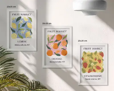 Bilderwand mit Zitronen, Orangen und Erdbeeren als Fruchtposter