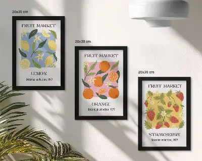 Bilderwand mit Zitronen, Orangen und Erdbeeren als Fruchtposter
