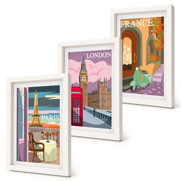 Bilderset mit rahmen Retro-Stadtansichten von Paris, London und Frankreich