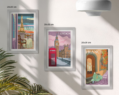 Bilderset mit rahmen Retro-Stadtansichten von Paris, London und Frankreich
