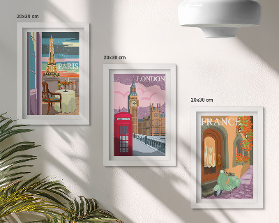 Bilderset mit rahmen Retro-Stadtansichten von Paris, London und Frankreich