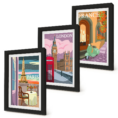Bilderset mit rahmen Retro-Stadtansichten von Paris, London und Frankreich