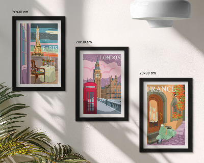 Bilderset mit rahmen Retro-Stadtansichten von Paris, London und Frankreich