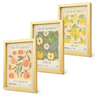 Bilderwand mit Fruchtpostermustern im Retro-Stil