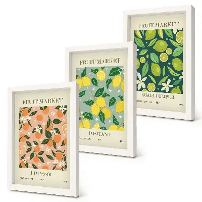 Bilderwand mit fruchtigen Zitrusmustern und Vintage-Blumen