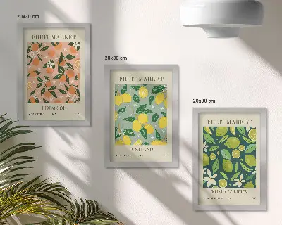 Bilderwand mit fruchtigen Zitrusmustern und Vintage-Blumen