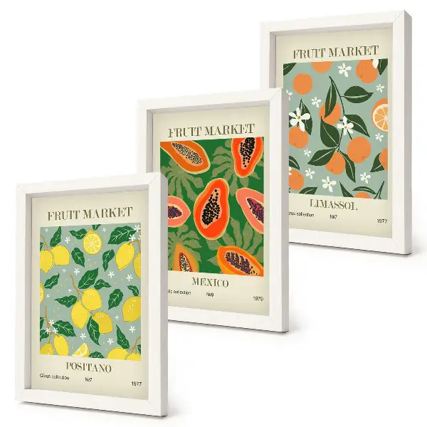 Obstposter mit Zitronen, Papayas, Mandarinen und Blumen bilderset inklusive rahmen