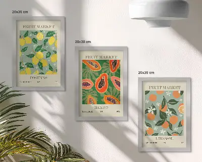 Obstposter mit Zitronen, Papayas, Mandarinen und Blumen bilderset inklusive rahmen