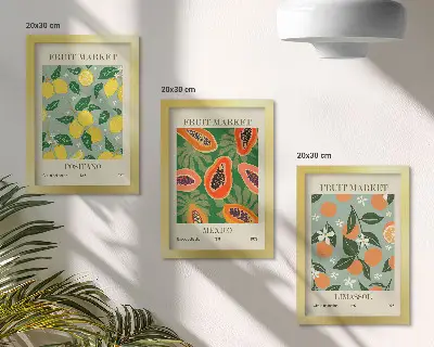Obstposter mit Zitronen, Papayas, Mandarinen und Blumen bilderset inklusive rahmen