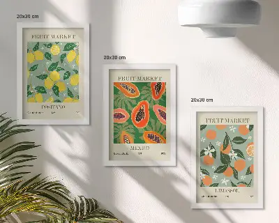 Obstposter mit Zitronen, Papayas, Mandarinen und Blumen bilderset inklusive rahmen