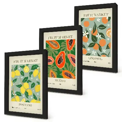 Obstposter mit Zitronen, Papayas, Mandarinen und Blumen bilderset inklusive rahmen