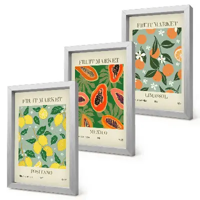 Obstposter mit Zitronen, Papayas, Mandarinen und Blumen bilderset inklusive rahmen