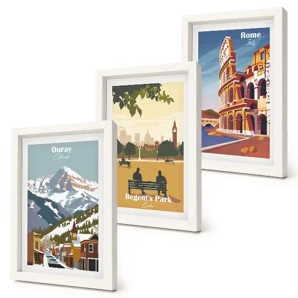 Bilderwand mit Bergen im Ouray Park in London und dem Kolosseum in Rom