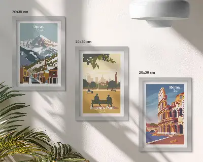 Bilderwand mit Bergen im Ouray Park in London und dem Kolosseum in Rom