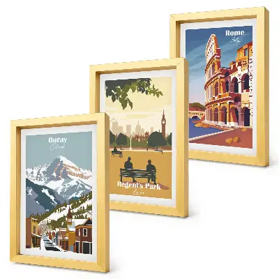 Bilderwand mit Bergen im Ouray Park in London und dem Kolosseum in Rom