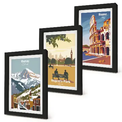 Bilderwand mit Bergen im Ouray Park in London und dem Kolosseum in Rom
