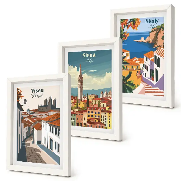 Fotowand mit retro Illustrationen berühmter Städte aus aller Welt