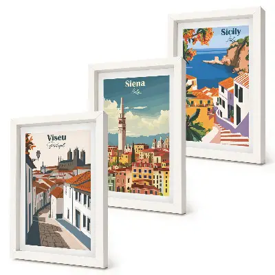 Fotowand mit retro Illustrationen berühmter Städte aus aller Welt