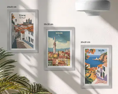 Fotowand mit retro Illustrationen berühmter Städte aus aller Welt