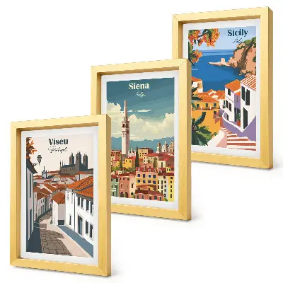 Fotowand mit retro Illustrationen berühmter Städte aus aller Welt
