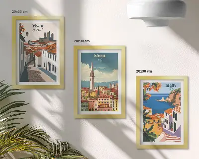 Fotowand mit retro Illustrationen berühmter Städte aus aller Welt