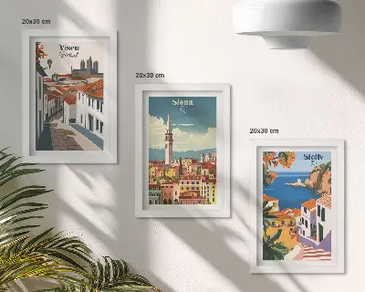 Fotowand mit retro Illustrationen berühmter Städte aus aller Welt