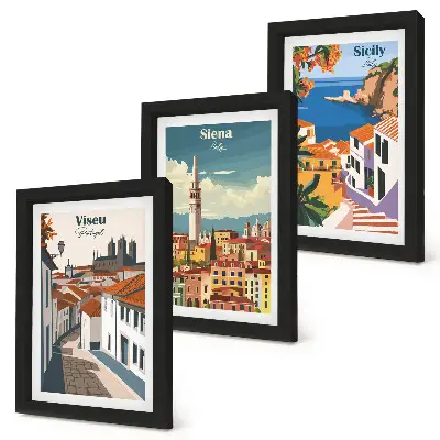 Fotowand mit retro Illustrationen berühmter Städte aus aller Welt