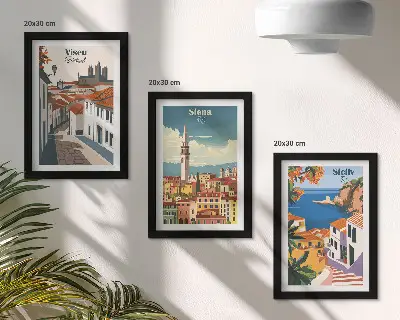 Fotowand mit retro Illustrationen berühmter Städte aus aller Welt