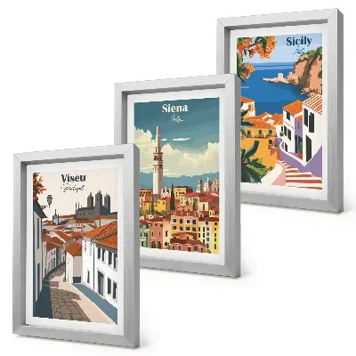 Fotowand mit retro Illustrationen berühmter Städte aus aller Welt