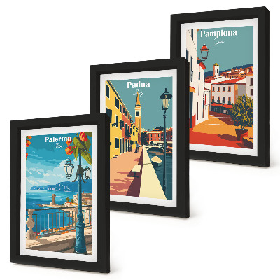 Bilderwand Beliebte Städte im Retro-Illustrationsstil