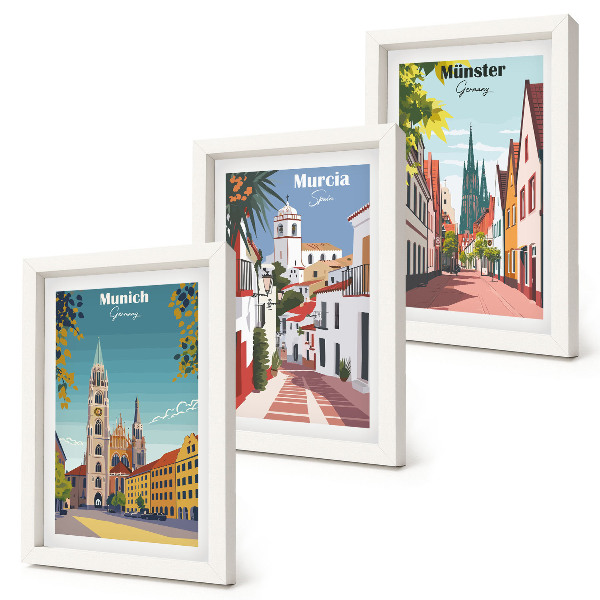 Bilderset mit rahmen Europäische Städte in farbenfrohen Illustrationen