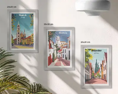 Bilderset mit Rahmen: Europäische Städte farbenfrohe Illustrationen