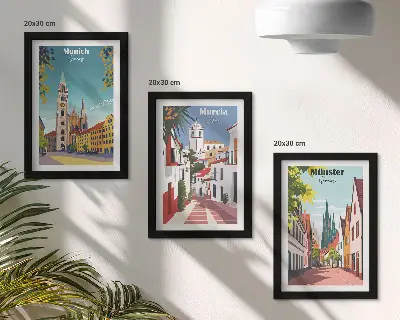 Bilderset mit Rahmen: Europäische Städte farbenfrohe Illustrationen
