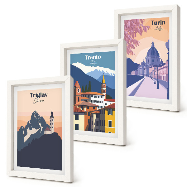 Bilderwand Berge und Retro-Architektur – farbenfrohe Illustrationen