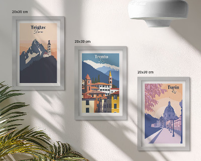 Bilderwand Berge und Retro-Architektur – farbenfrohe Illustrationen
