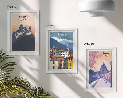 Bilderwand Berge und Retro-Architektur – farbenfrohe Illustrationen