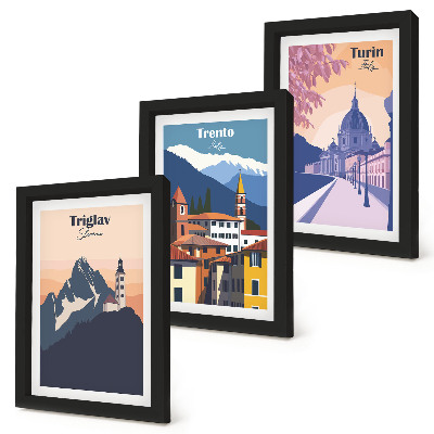 Bilderwand Berge und Retro-Architektur – farbenfrohe Illustrationen
