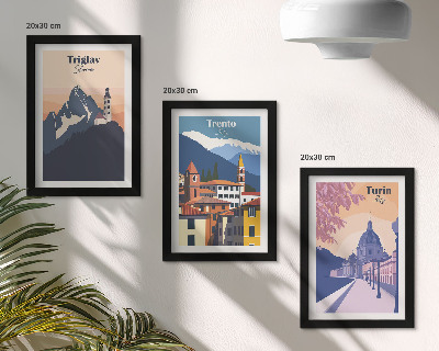 Bilderwand Berge und Retro-Architektur – farbenfrohe Illustrationen