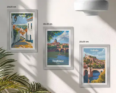 Bilderset mit Rahmen grafische Darstellungen berühmter Städte im Retro-Stil